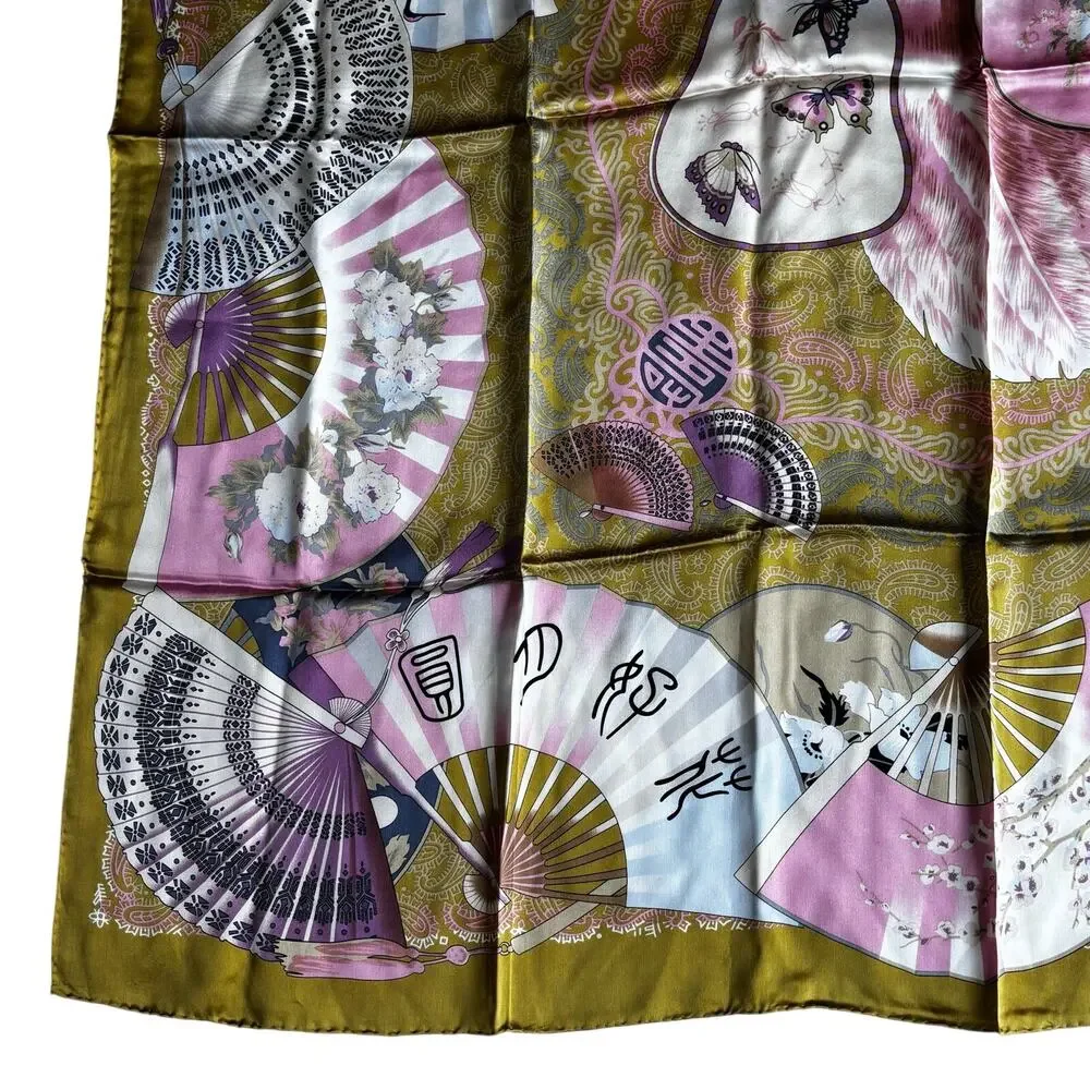 Pure silk scarf large square luxurious feel Asian fans motif sage green & pink